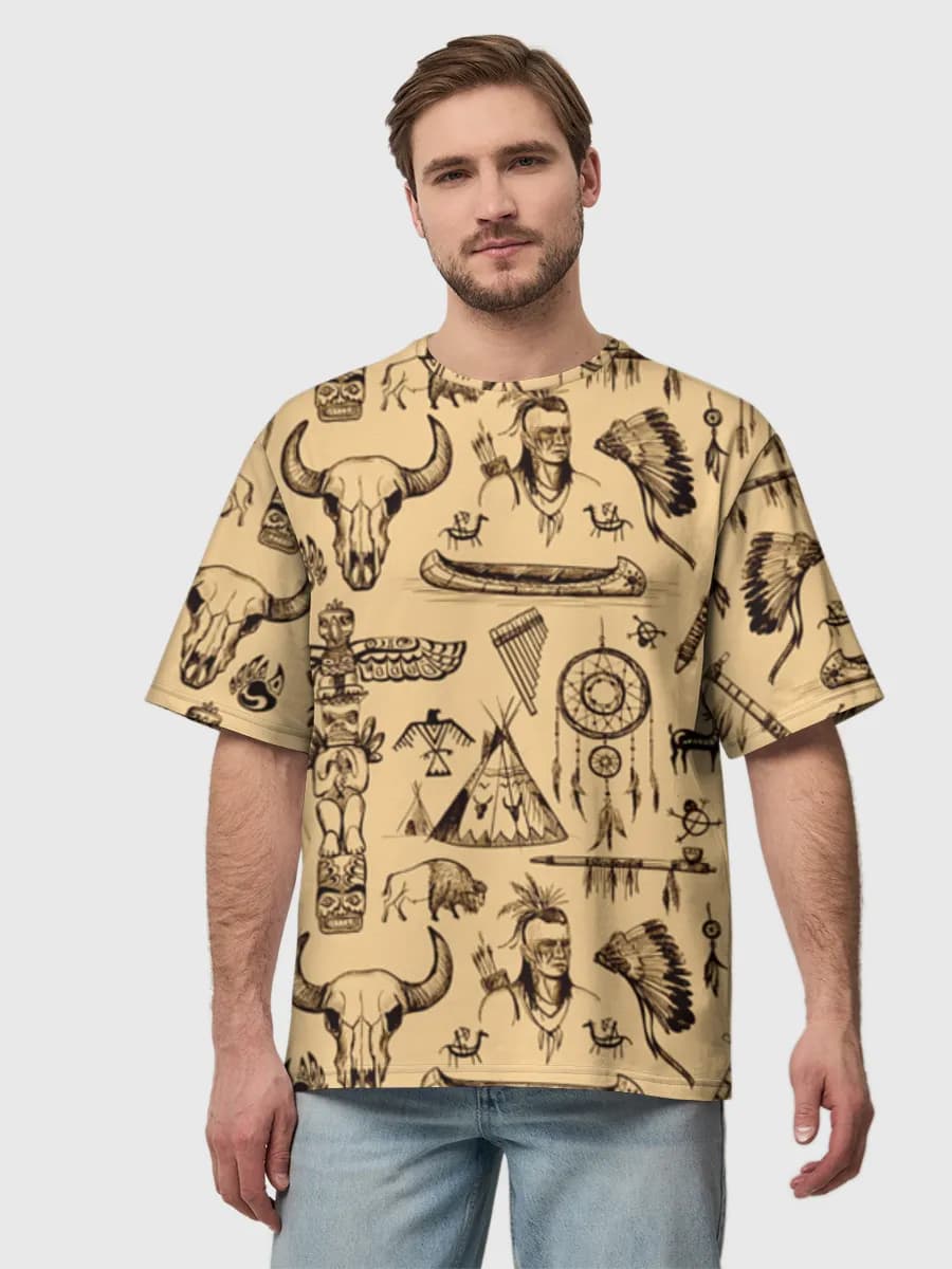 Tribal Wilderness Icons — Men's oversized cotton T-shirt with all-over print, Tribal Art theme