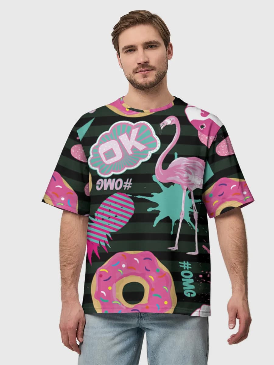 Neon Donuts And Flamingos — Men's oversized cotton T-shirt with all-over print, Donuts theme