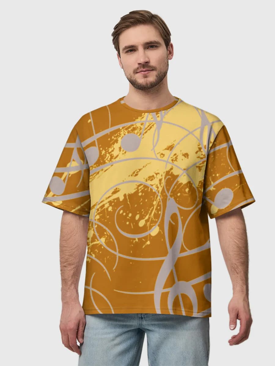 Abstract Musical Notes Splash — Men's oversized cotton T-shirt with all-over print, Music theme