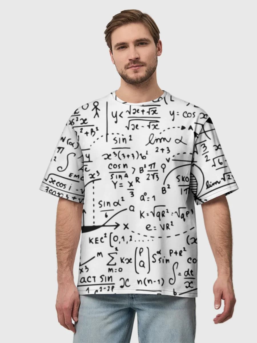 Math Equations Doodle — Men's oversized cotton T-shirt with all-over print, Math theme