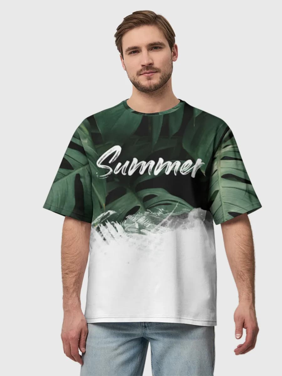Summer Tropical Leaves — Men's oversized cotton T-shirt with all-over print, Summer theme