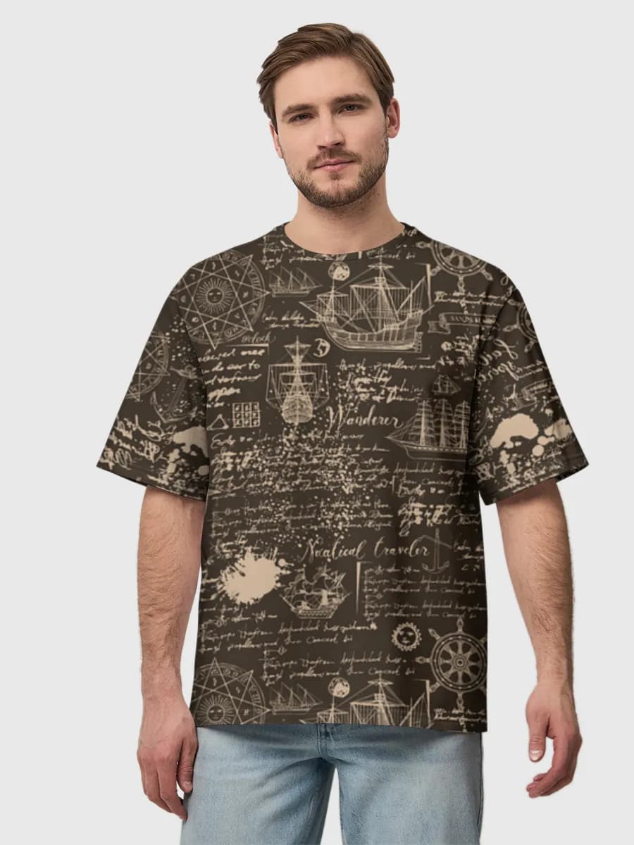 Vintage Nautical Explorer Sketch — Men's oversized cotton T-shirt with all-over print, Nautical theme