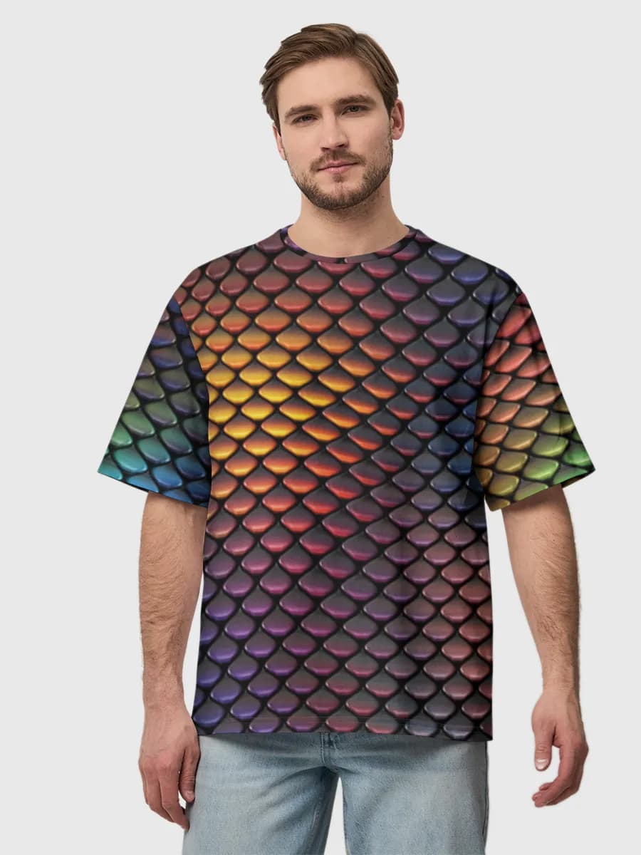 Iridescent Rainbow Scales — Men's oversized cotton T-shirt with all-over print, Scales theme