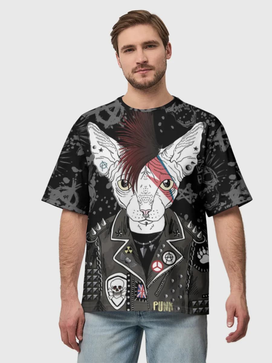 Punk Rock Cat — Men's oversized cotton T-shirt with all-over print, Punk Rock theme