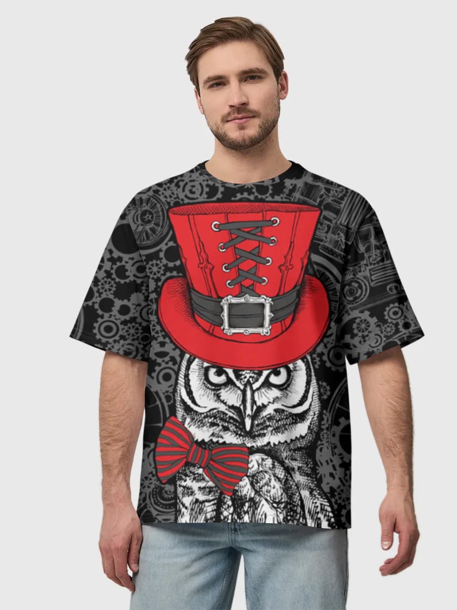 Steampunk Owl In Top Hat — Men's oversized cotton T-shirt with all-over print, Owl theme