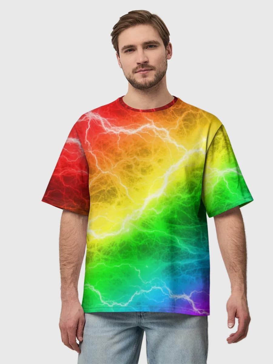 Rainbow Lightning Surge — Men's oversized cotton T-shirt with all-over print, Abstract theme