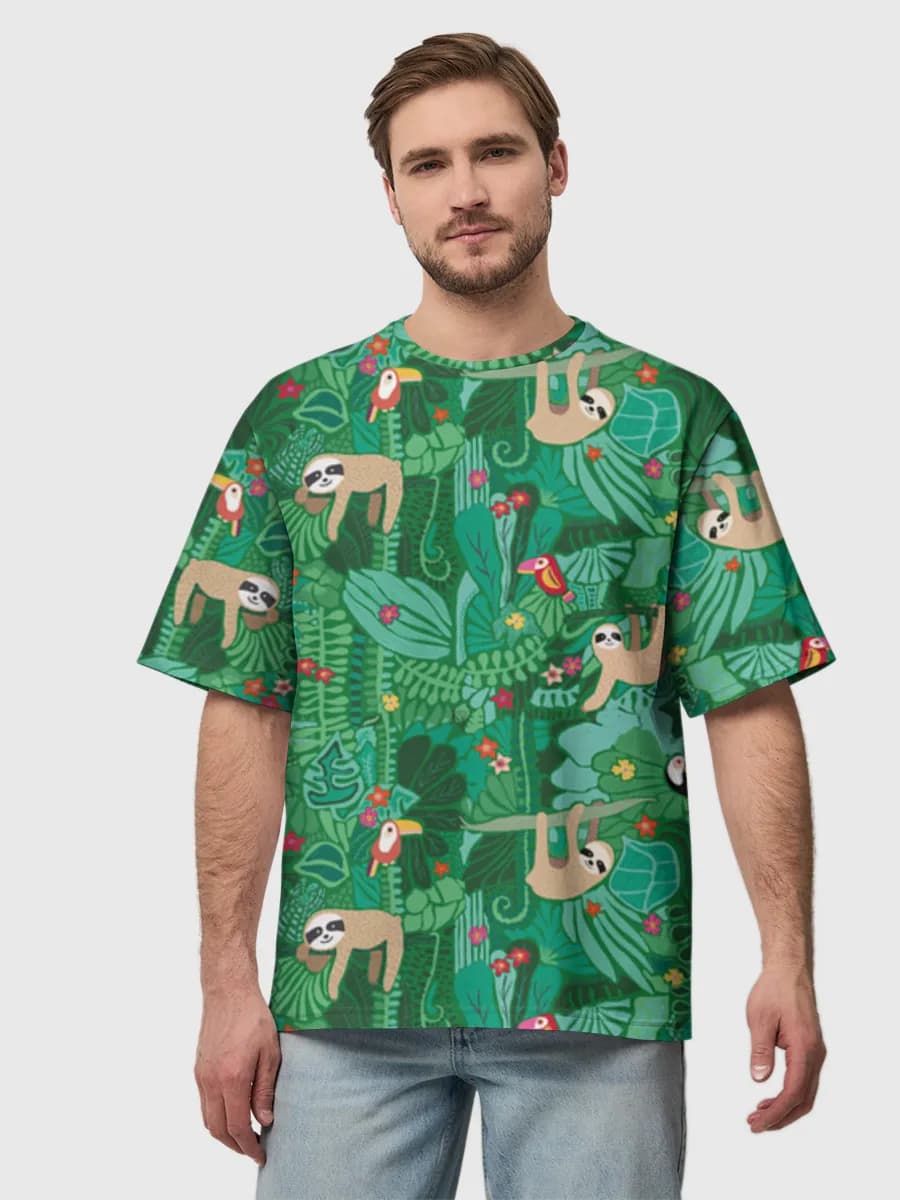 Sloths In Tropical Jungle — Men's oversized cotton T-shirt with all-over print, Sloth theme