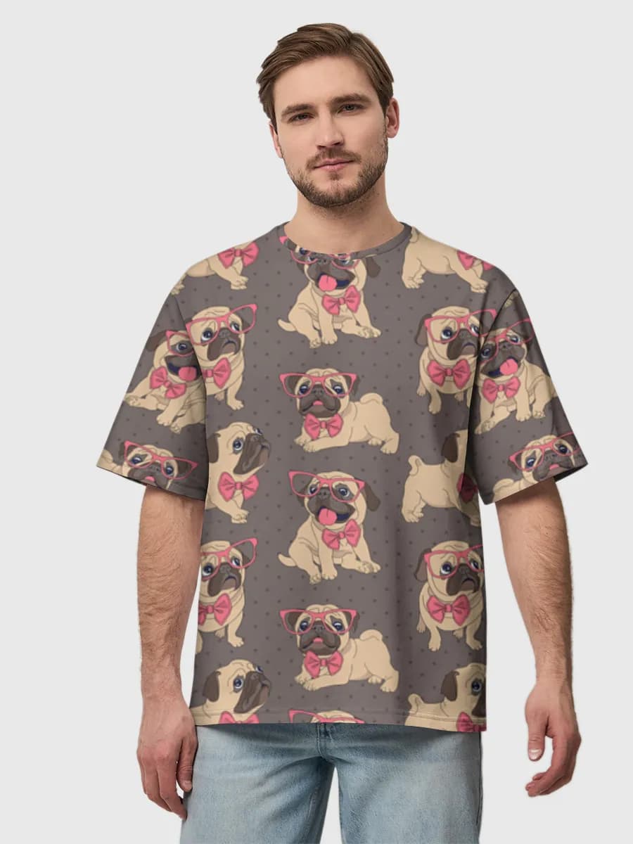 Cute Pug With Glasses — Men's oversized cotton T-shirt with all-over print, Pug theme
