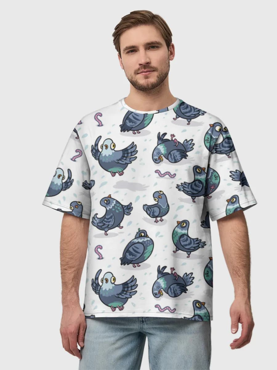 Cute Pigeon Parade — Men's oversized cotton T-shirt with all-over print, Pigeon theme