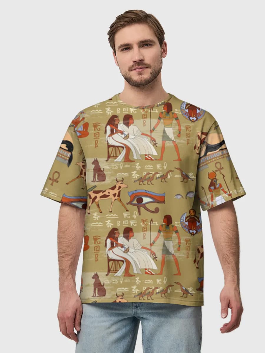 Ancient Egypt Hieroglyph Art — Men's oversized cotton T-shirt with all-over print, Egypt theme