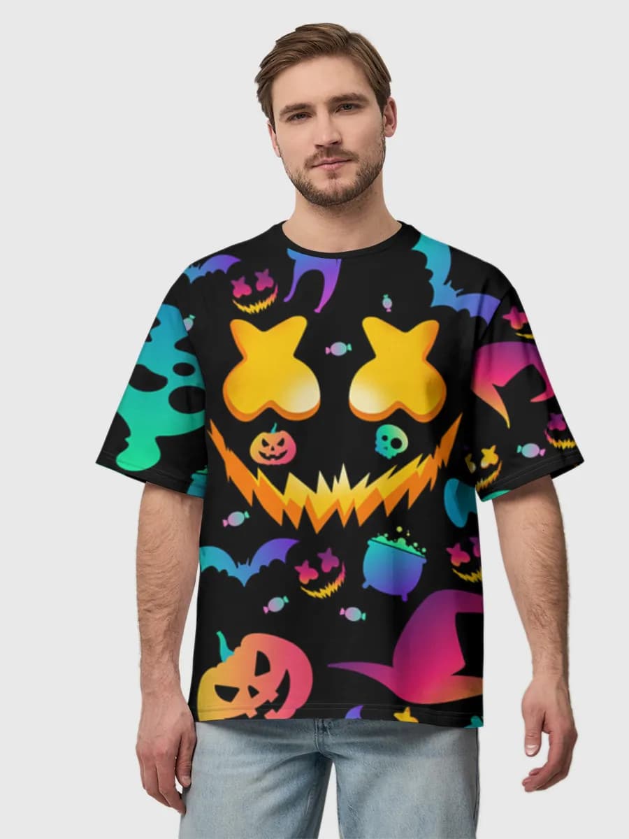 Neon Halloween Spooky Icons — Men's oversized cotton T-shirt with all-over print, Holidays theme