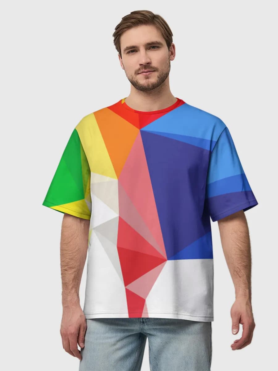 Rainbow Low Poly Geometry — Men's oversized cotton T-shirt with all-over print, Abstract theme