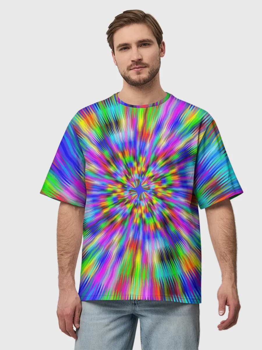 Rainbow Psychedelic Starburst — Men's oversized cotton T-shirt with all-over print, Abstract theme