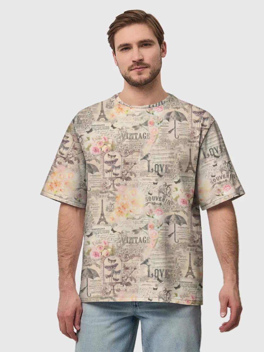 Paris Vintage Collage — Men's oversized cotton T-shirt with all-over print, Paris theme