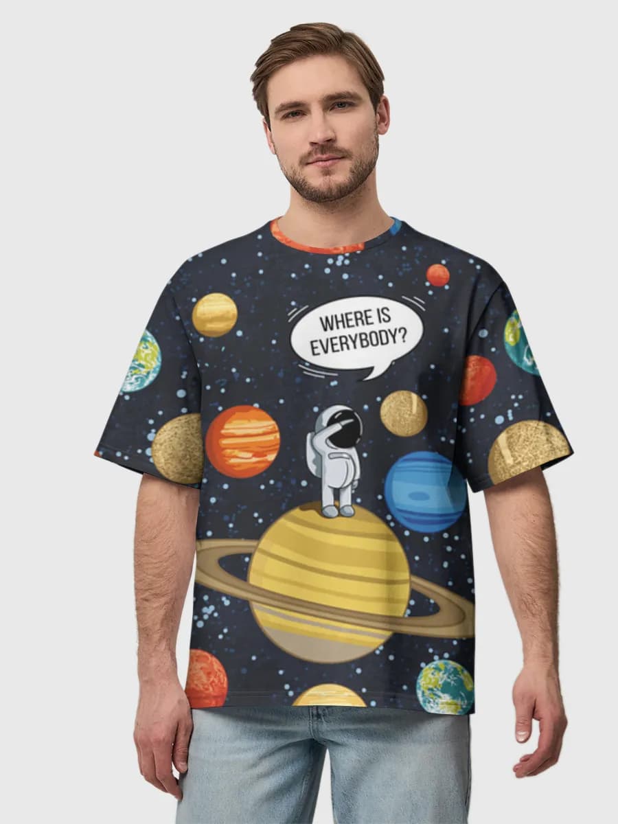 Where Is Everybody — Men's oversized cotton T-shirt with all-over print, Space theme