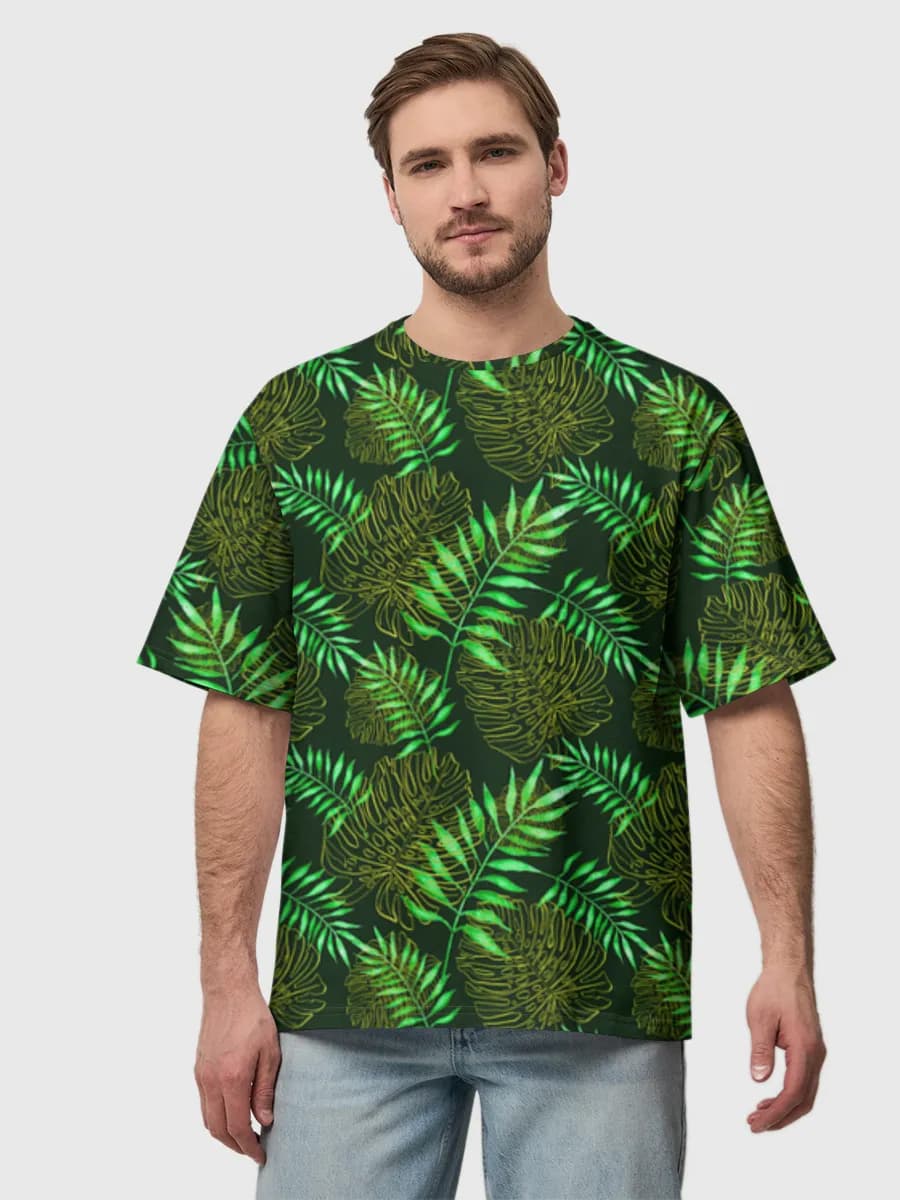 Neon Tropical Leaves — Men's oversized cotton T-shirt with all-over print, Nature theme