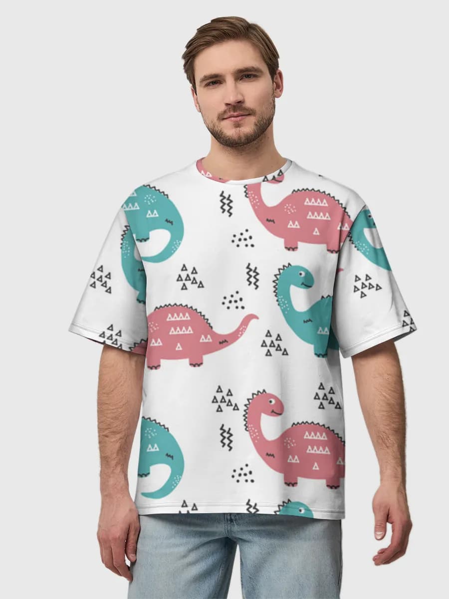Cute Pastel Dinosaurs — Men's oversized cotton T-shirt with all-over print, Dinosaurs theme