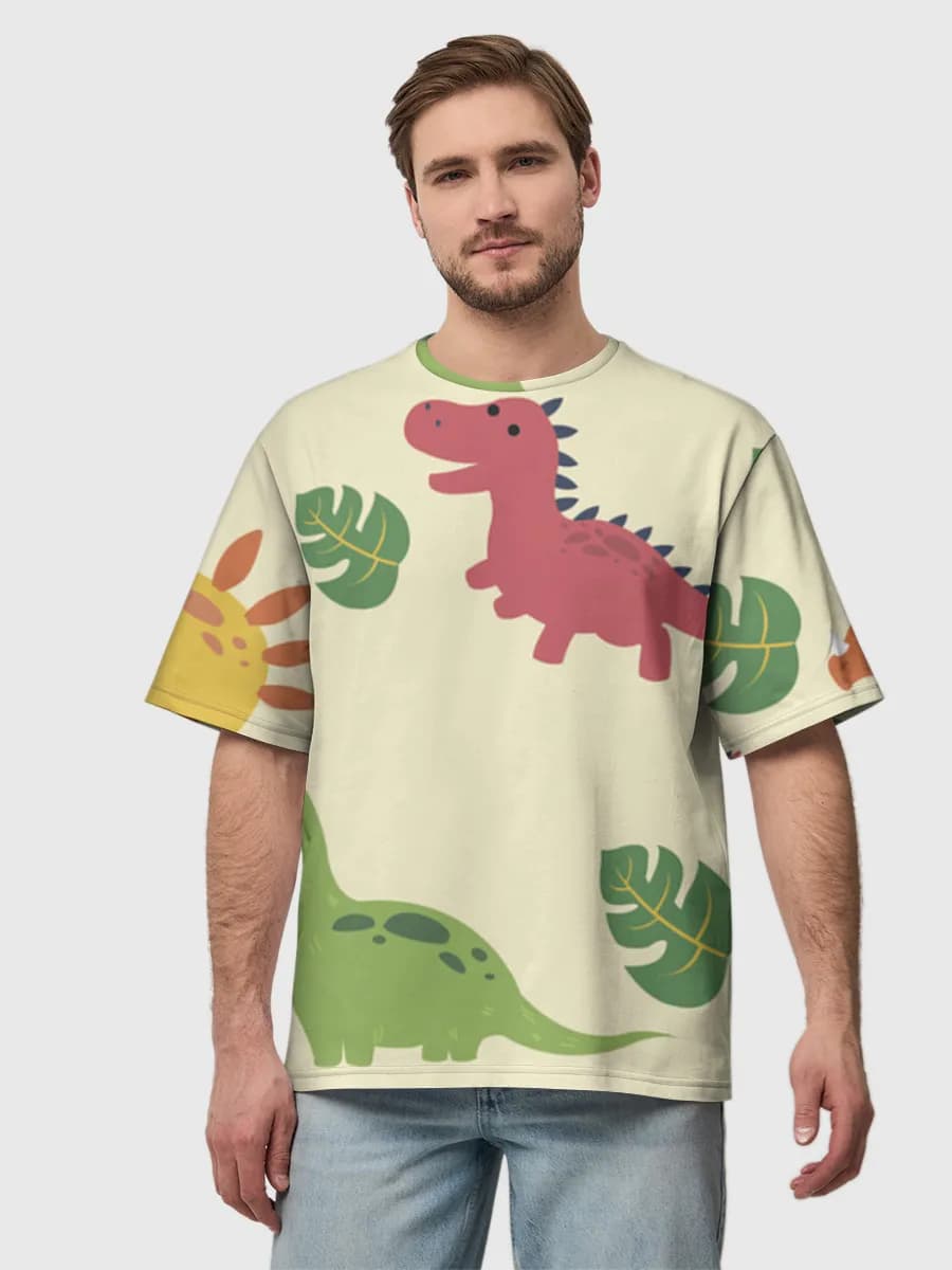 Cute Dinosaur Parade — Men's oversized cotton T-shirt with all-over print, Dinosaurs theme