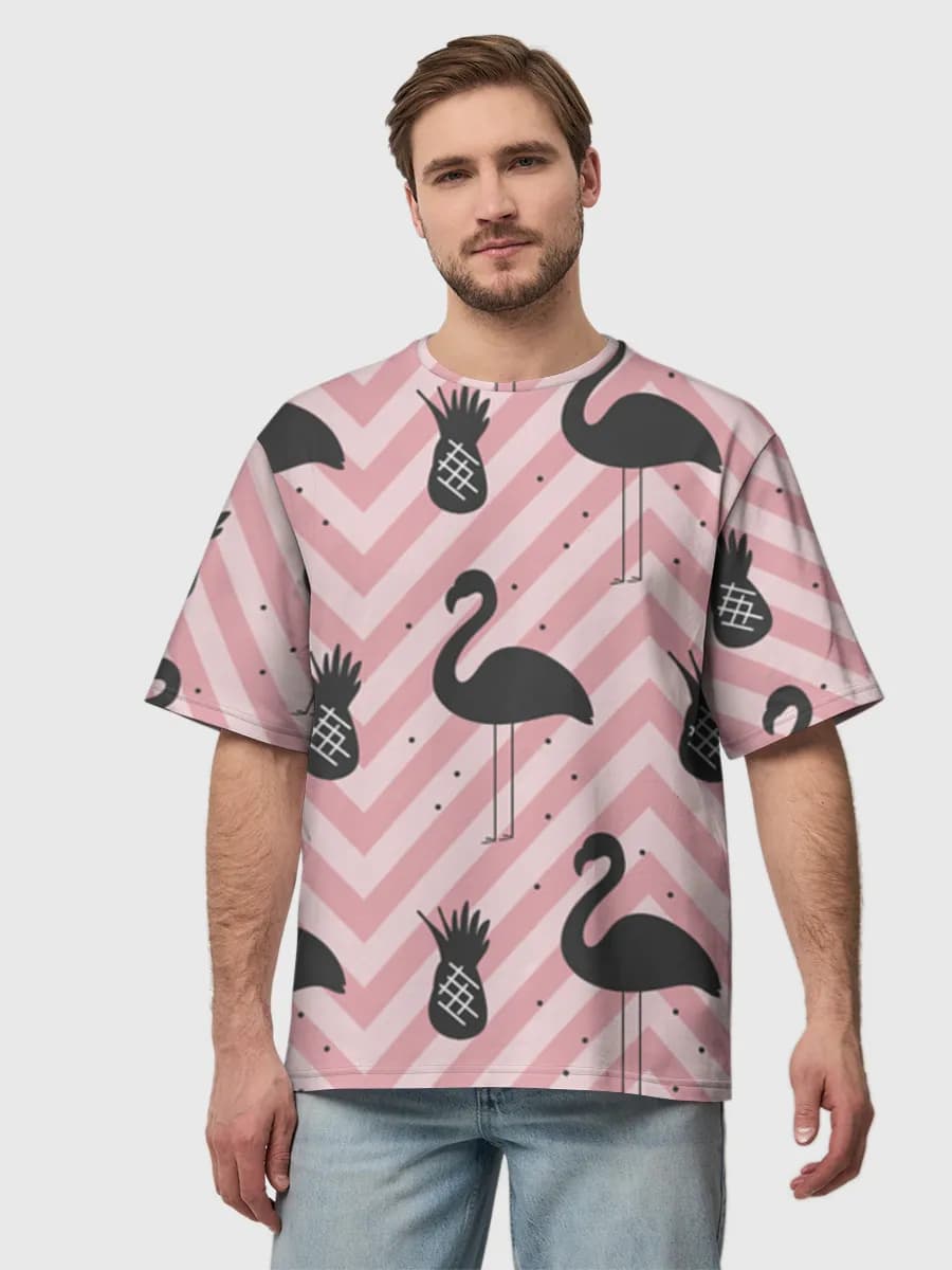 Flamingos And Pineapples — Men's oversized cotton T-shirt with all-over print, Nature theme