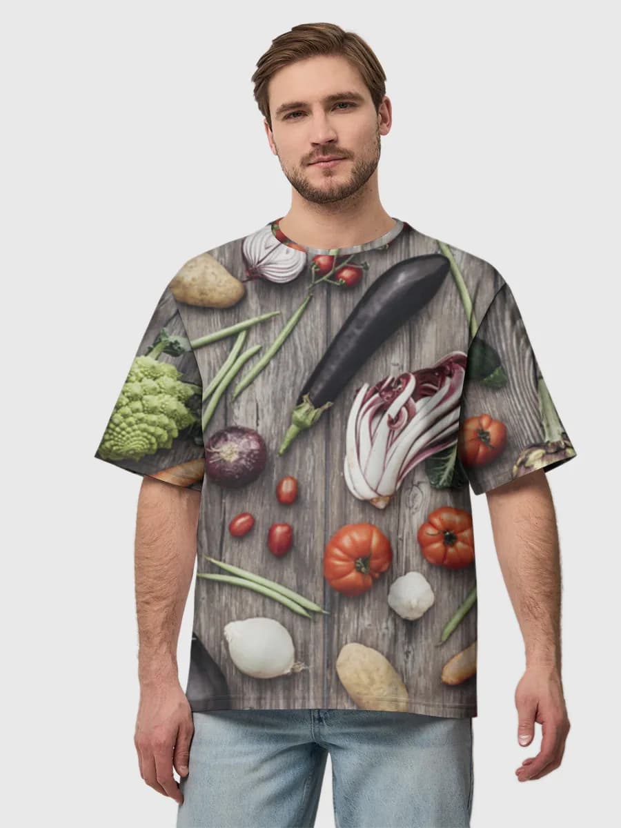 Farm Fresh Vegetables — Men's oversized cotton T-shirt with all-over print, Vegetables theme