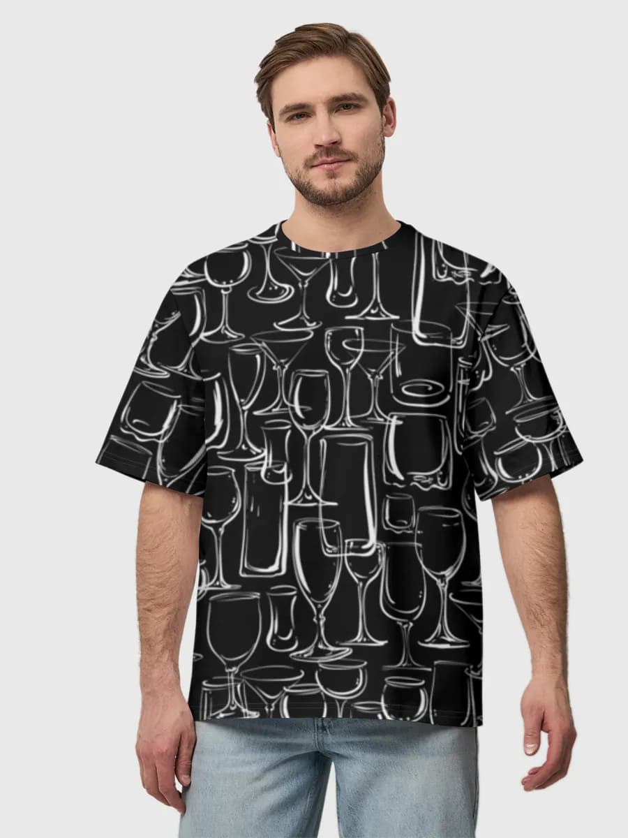 Cocktail Glass Line Art — Men's oversized cotton T-shirt with all-over print, Cocktail theme