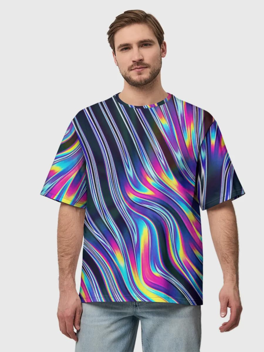 Neon Rainbow Liquid Waves — Men's oversized cotton T-shirt with all-over print, Abstract theme