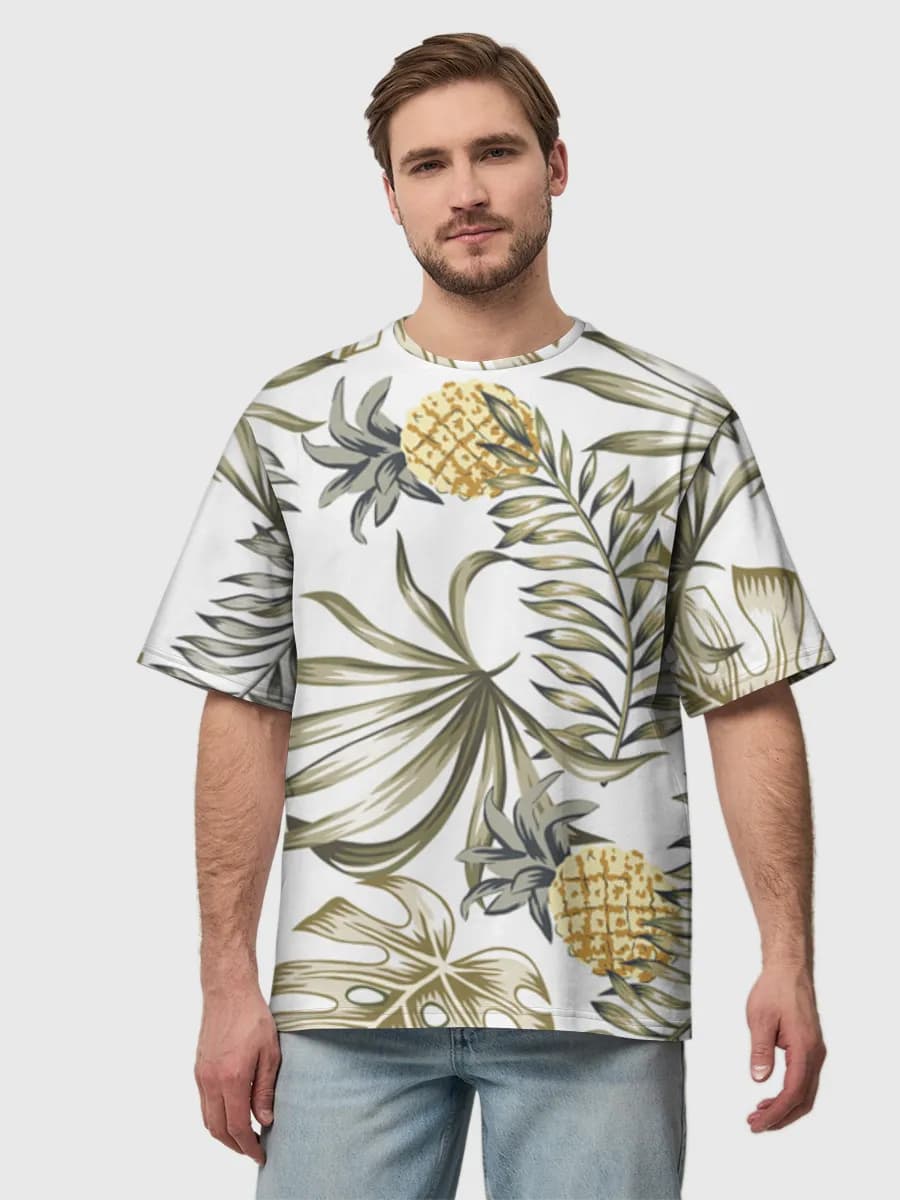 Tropical Pineapple Botanical — Men's oversized cotton T-shirt with all-over print, Nature theme
