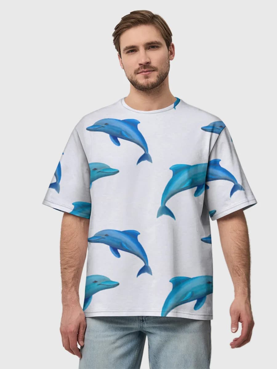 Blue Dolphins on White — Men's oversized cotton T-shirt with all-over print, Dolphin theme