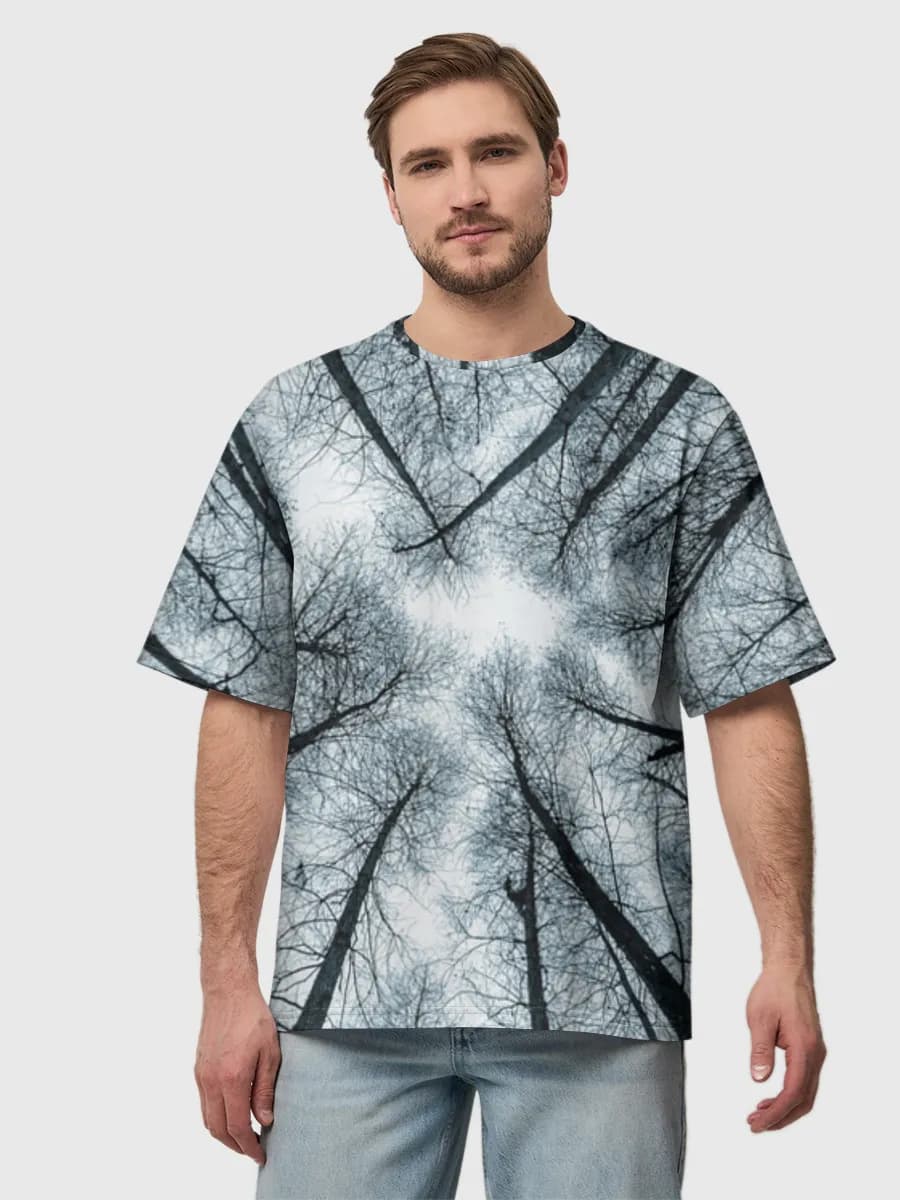 Winter Forest Sky View — Men's oversized cotton T-shirt with all-over print, Forest theme