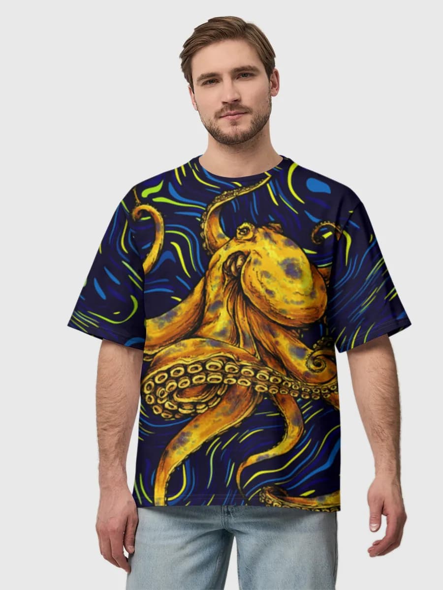 Golden Octopus Night Swirls — Men's oversized cotton T-shirt with all-over print, Octopus theme