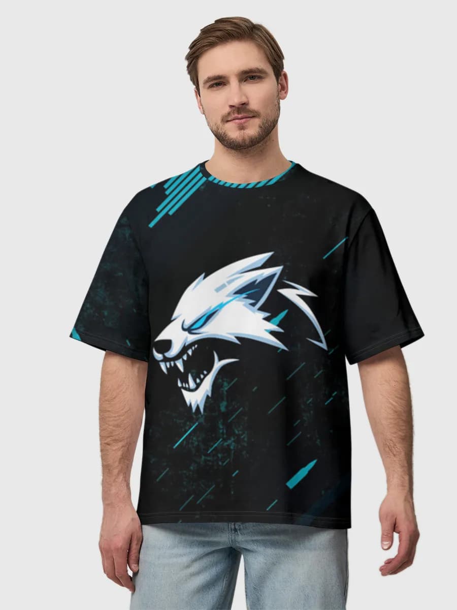 Neon Wolf Mascot — Men's oversized cotton T-shirt with all-over print, Wolf theme