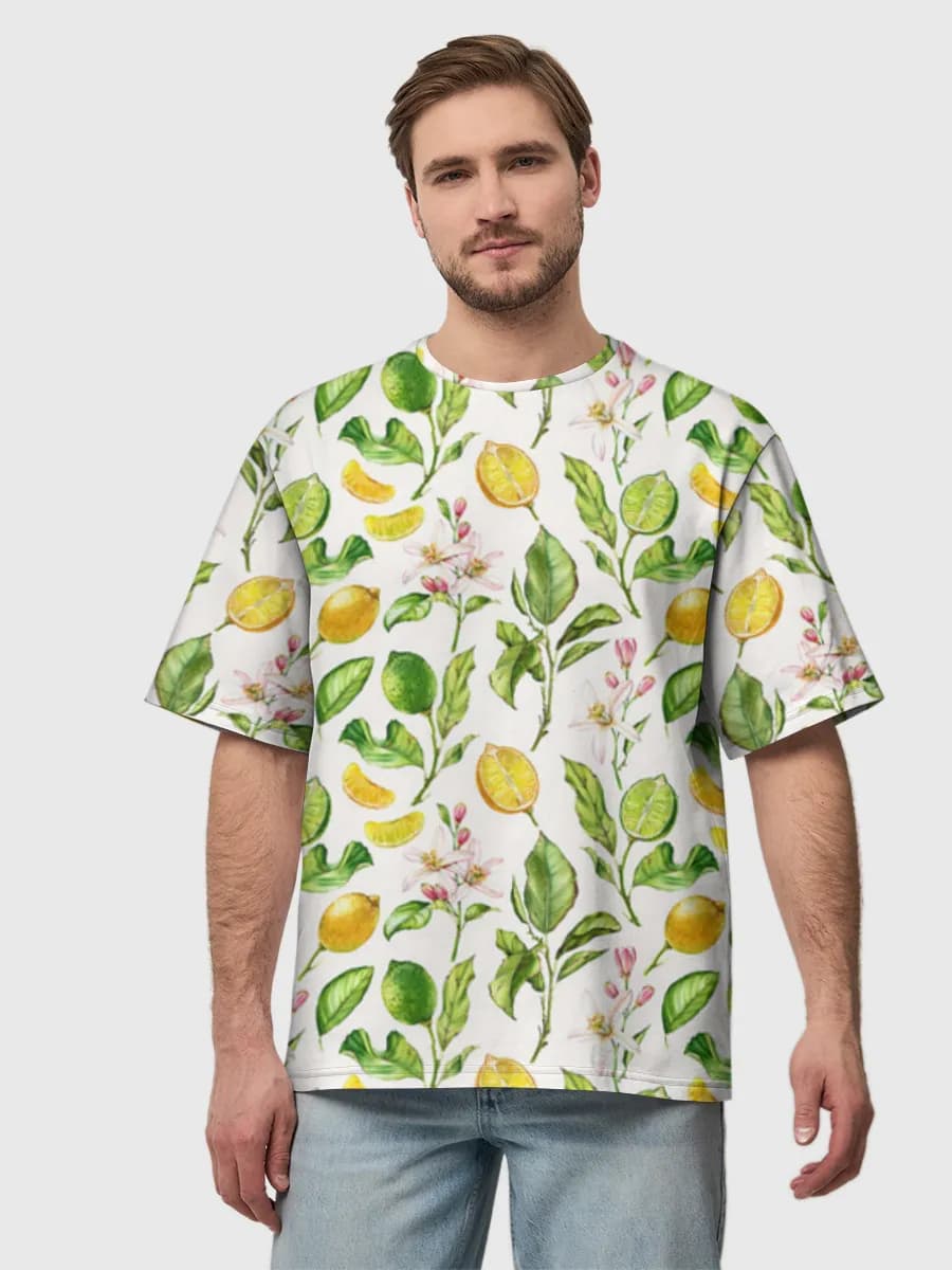 Watercolor Citrus Garden — Men's oversized cotton T-shirt with all-over print, Citrus theme