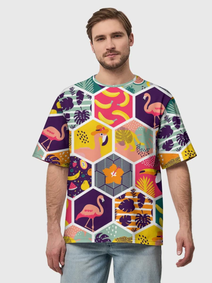 Tropical Hexagon Jungle Collage — Men's oversized cotton T-shirt with all-over print, Nature theme