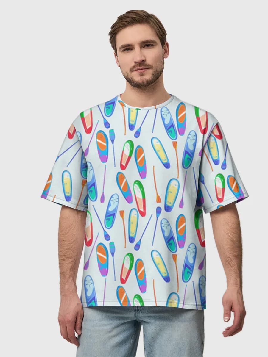 Colorful Kayak Paddle Print — Men's oversized cotton T-shirt with all-over print, Kayaking theme
