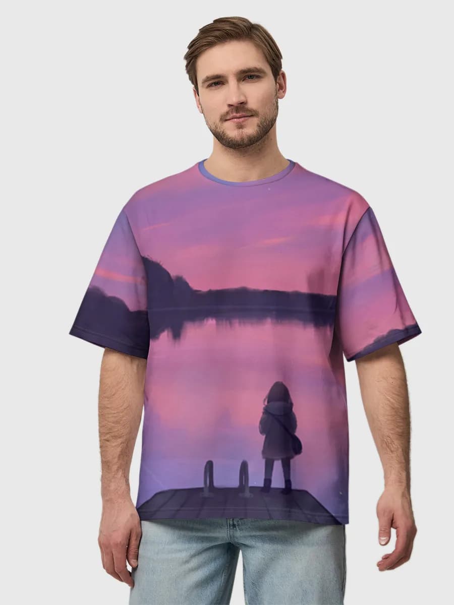 Dreamy Lake Night Sky — Men's oversized cotton T-shirt with all-over print, Landscape theme