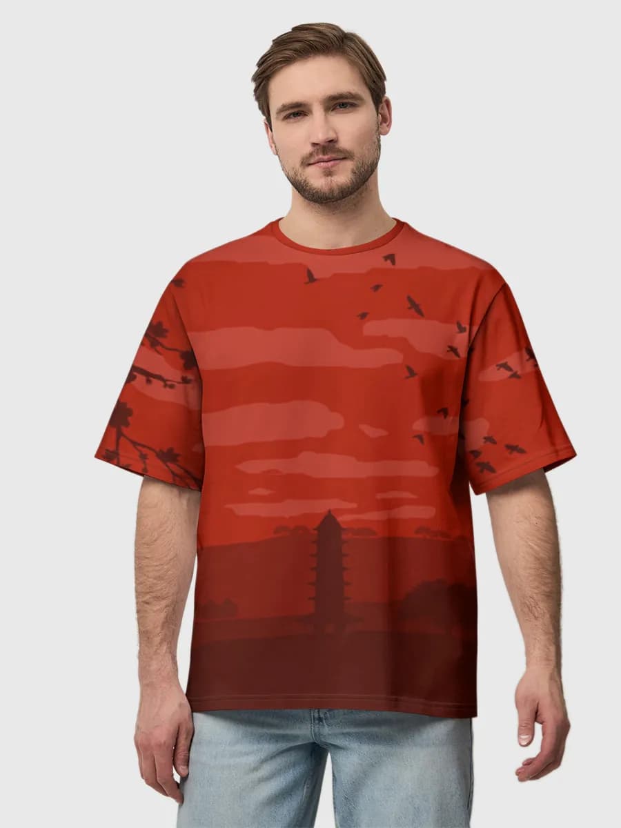Crimson Pagoda Sunset — Men's oversized cotton T-shirt with all-over print, Landscape theme