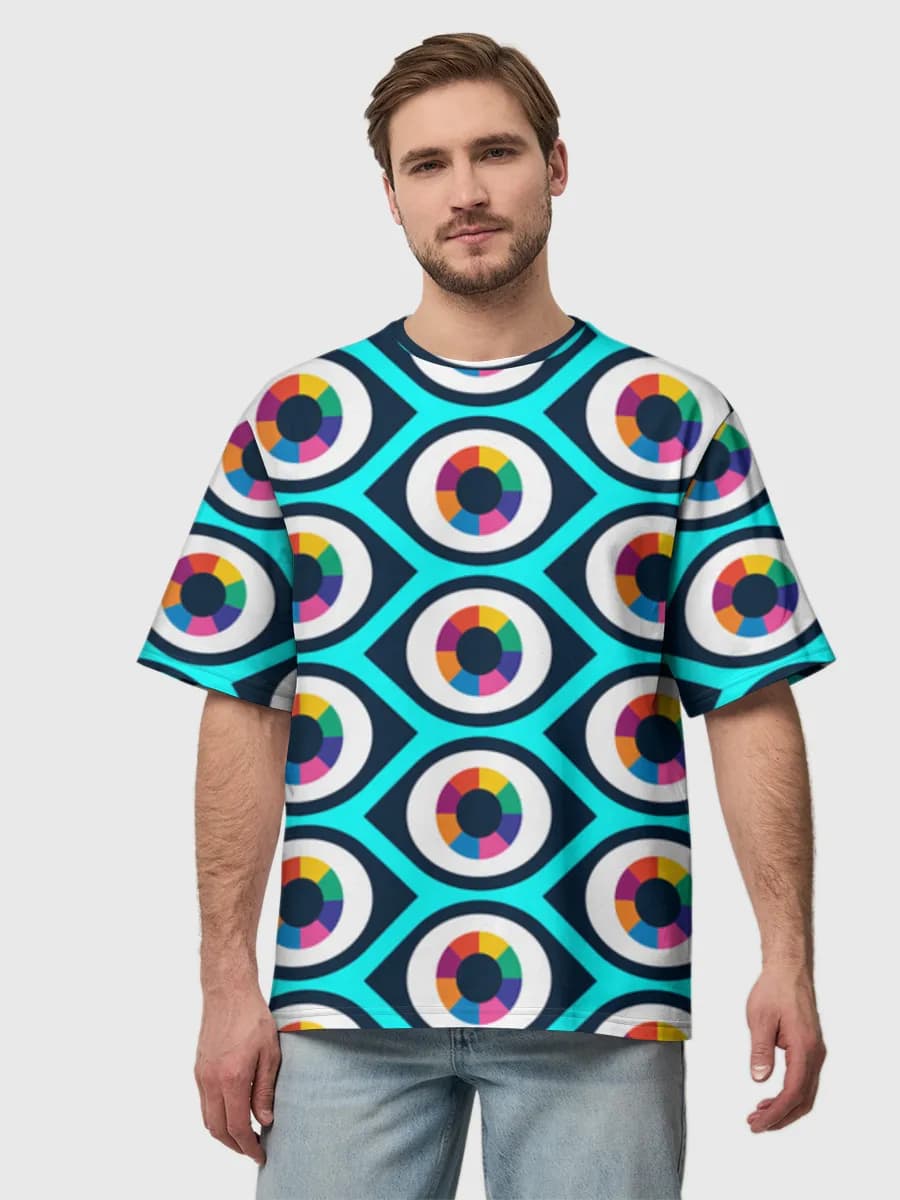 Psychedelic Color Wheel Eyes — Men's oversized cotton T-shirt with all-over print, Eyeballs theme