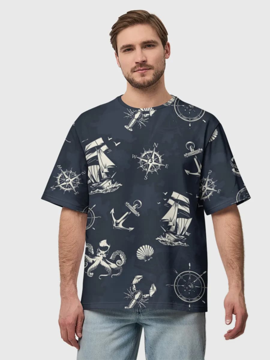 Nautical Ocean Icons — Men's oversized cotton T-shirt with all-over print, Nautical theme