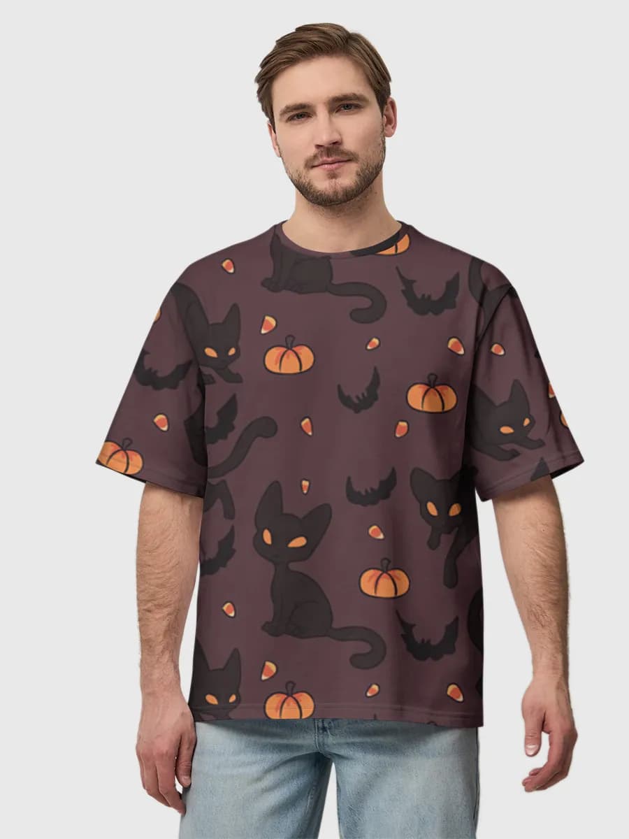 Spooky Black Cat Halloween — Men's oversized cotton T-shirt with all-over print, Holidays theme