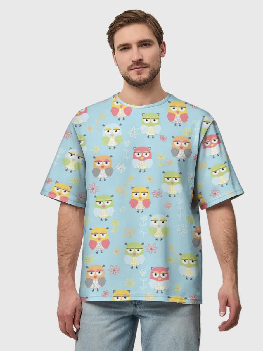Pastel Owl Garden — Men's oversized cotton T-shirt with all-over print, Owl theme