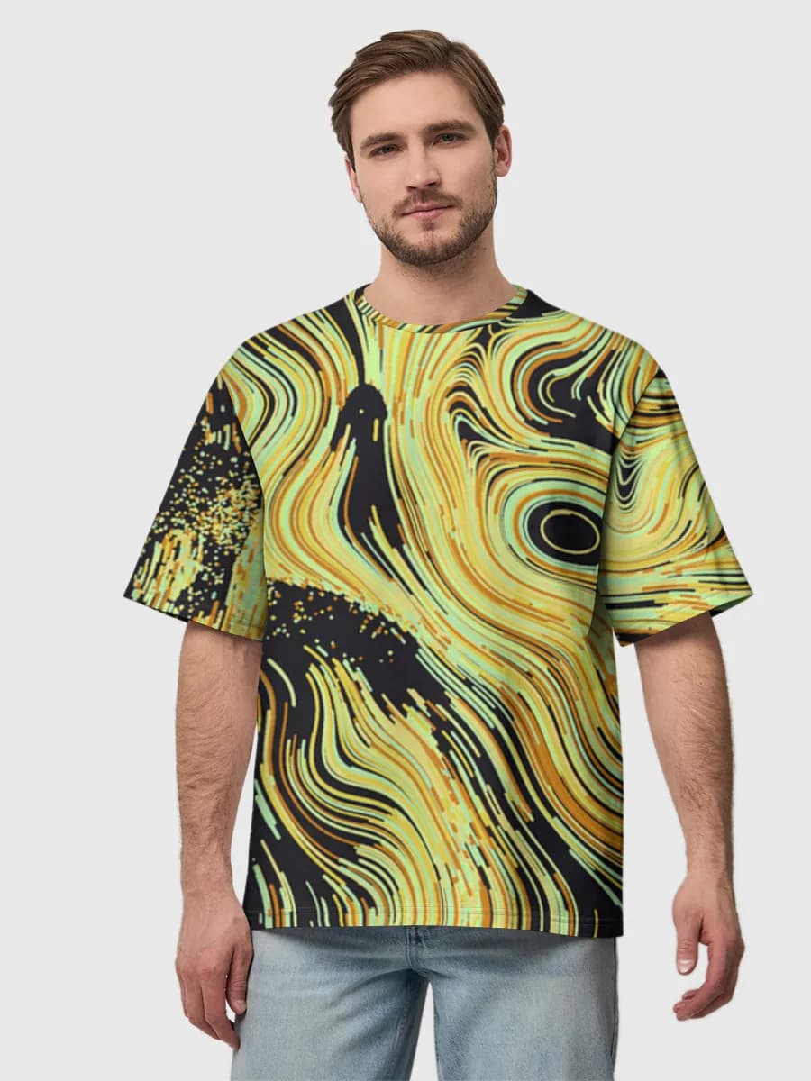 Neon Swirl Topography — Men's oversized cotton T-shirt with all-over print, Abstract theme