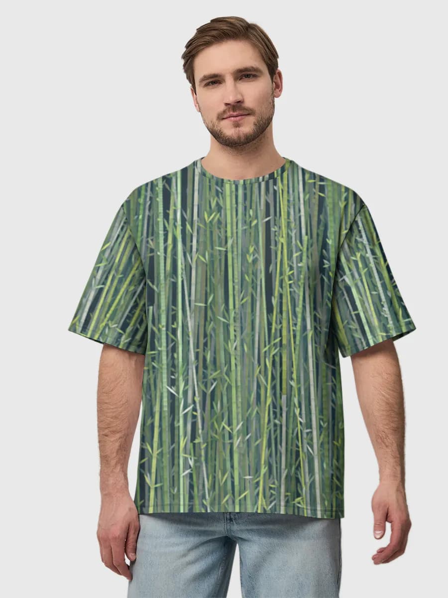 Bamboo Grove Greenery — Men's oversized cotton T-shirt with all-over print, Bamboo theme