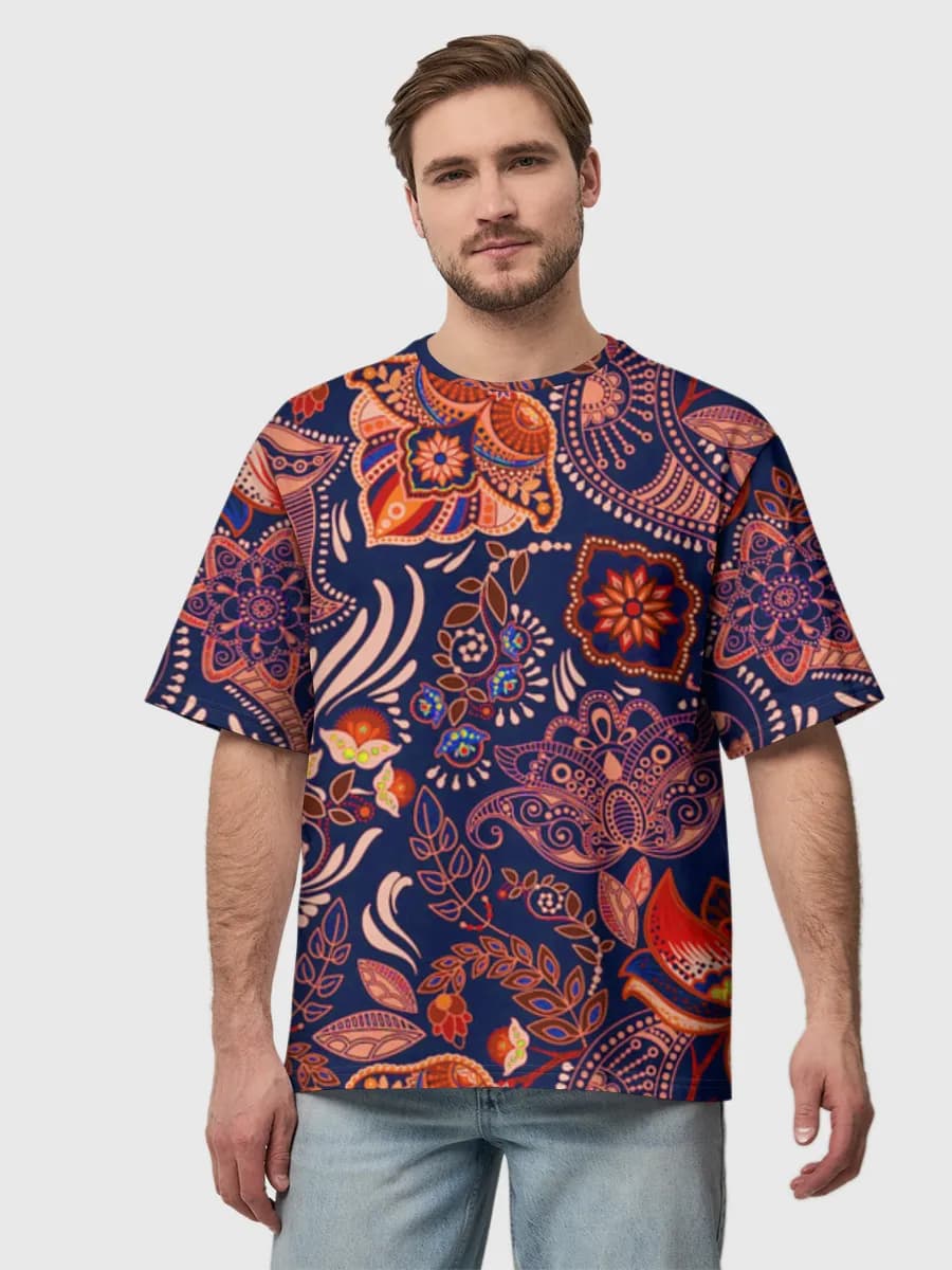 Boho Paisley Elephants — Men's oversized cotton T-shirt with all-over print, Elephant theme