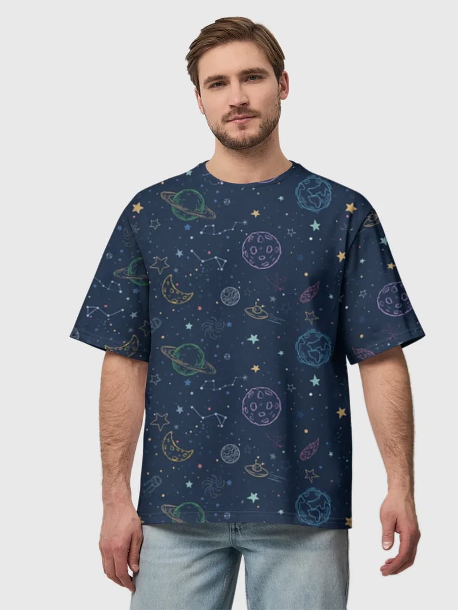 Cosmic Doodle Night Sky — Men's oversized cotton T-shirt with all-over print, Space theme