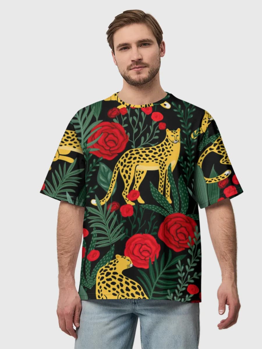 Leopards And Red Roses — Men's oversized cotton T-shirt with all-over print, Leopard theme