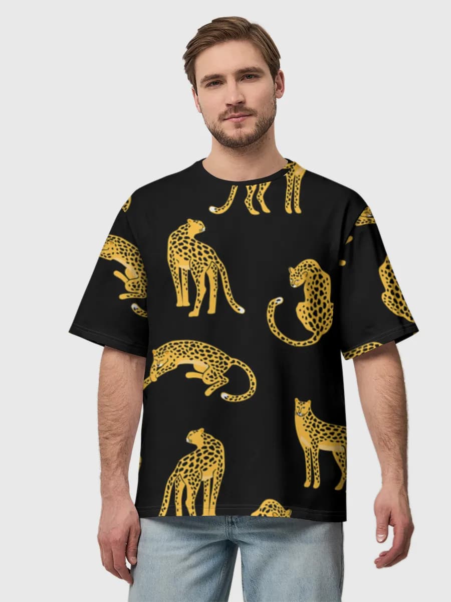 Golden Cheetahs On Black — Men's oversized cotton T-shirt with all-over print, Cheetah theme