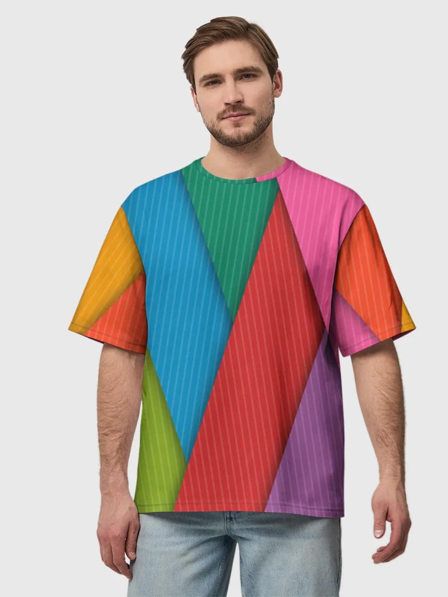 Vibrant Diagonal Ribbons — Men's oversized cotton T-shirt with all-over print, Abstract theme