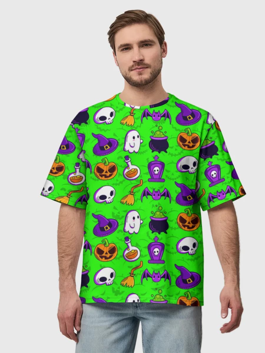 Cute Halloween Spooky Icons — Men's oversized cotton T-shirt with all-over print, Holidays theme