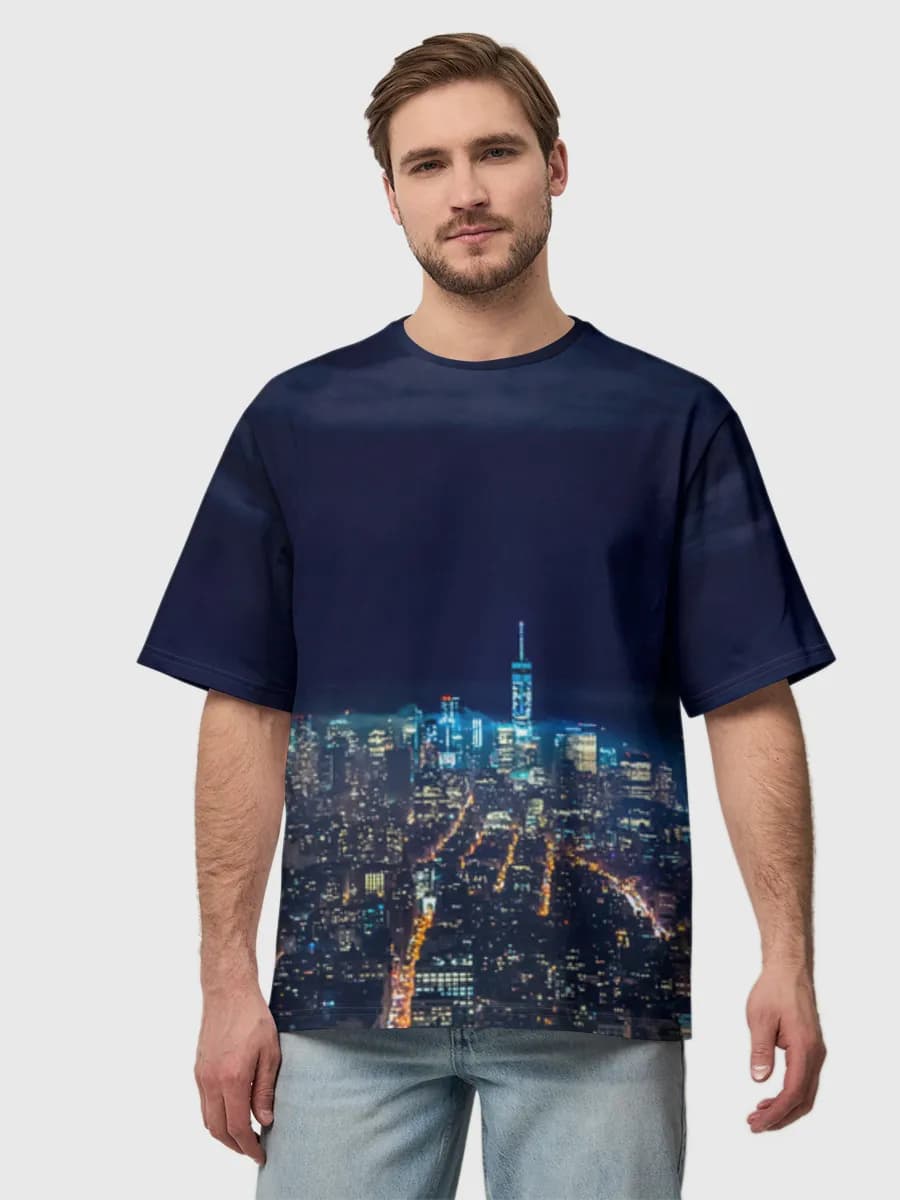 Neon Night City Skyline — Men's oversized cotton T-shirt with all-over print, Cityscape theme