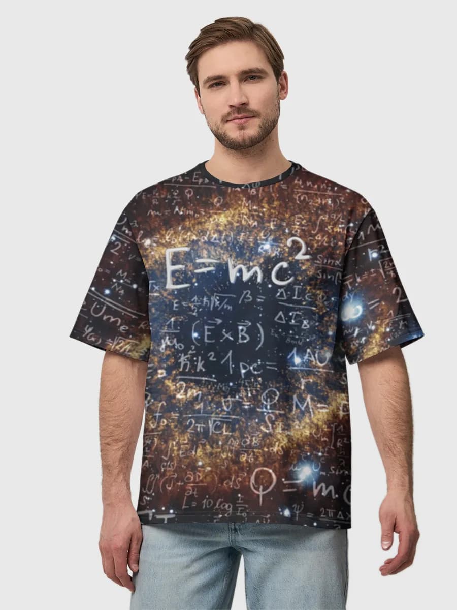 Cosmic Physics Equations — Men's oversized cotton T-shirt with all-over print, Physics theme
